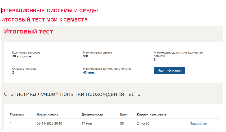 Операционные системы и среды. Итоговый тест. 3 семестр ответы на тест. МОИ (МТИ) Операционные системы и среды. Итоговый тест