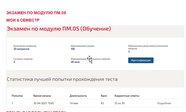 Экзамен по модулю ПМ.05. 6 семестр. МОИ (МТИ) Экзамен по модулю ПМ.05