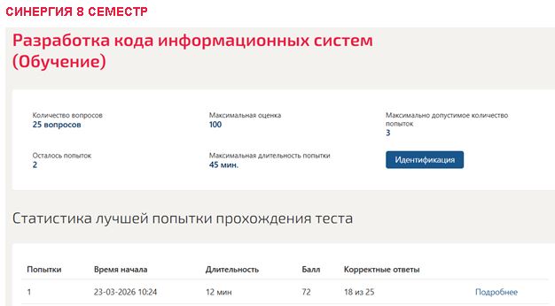 Разработка кода информационных систем - 8 семестр ответы на тест. Синергия Разработка кода информационных систем