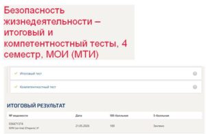 Безопасность жизнедеятельности – итоговый и компетентностный тесты, 4 семестр, МОИ (МТИ) Безопасность жизнедеятельности – итоговый и компетентностный тесты