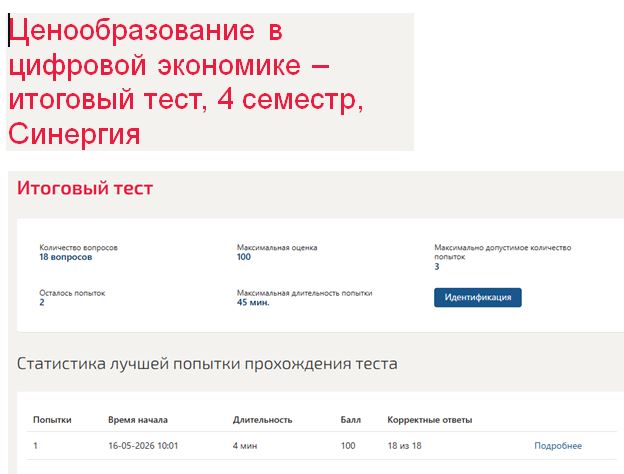 Ценообразование в цифровой экономике – итоговый тест, 4 семестр, Синергия Ценообразование в цифровой экономике