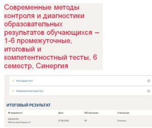 Современные методы контроля и диагностики образовательных результатов обучающихся – 1-6 промежуточные, итоговый и компетентностный тесты, 6 семестр, Синергия Современные методы контроля и диагностики образовательных результатов обучающихся – 1-6 промежуточные, итоговый и компетентностный тесты