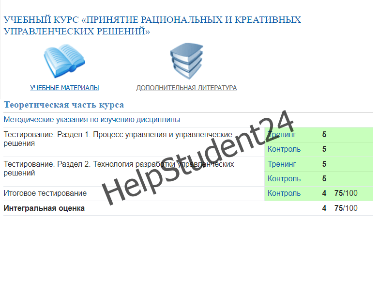 Оценки и тестирование по курсу “Принятие рациональных и креативных управленческих решений Таблица оценок по курсу управления